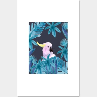 Cockatoo with tropical leaves in watercolor and an indigo background Posters and Art